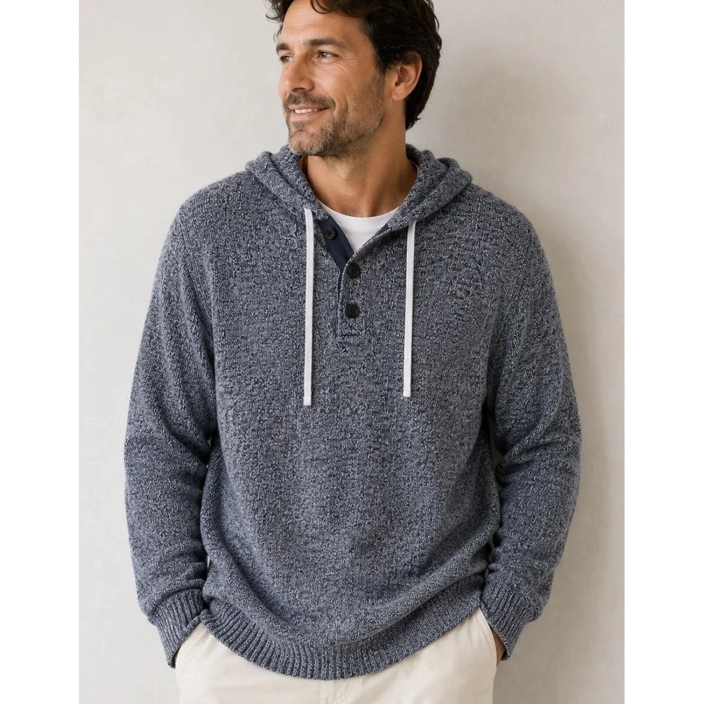 Banana Republic Marled Blue Cotton Henley Style Long Sleeve Pullover Sweater XL
